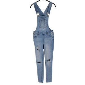 Blue Spice Skinny Leg Overalls Medium Wash Distressed Denim Coveralls